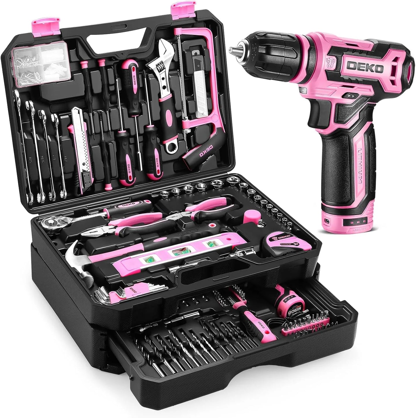 DEKO 12V Cordless Drill and Mechanic Tool Set with Storage