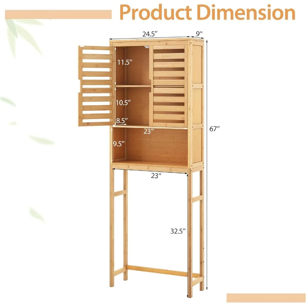freestanding tall natural bamboo over-the-toilet storage cabinet with 2 doors and open shelf