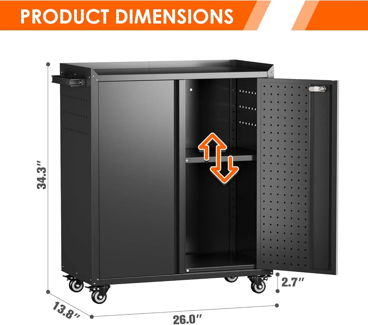 KAIKEEQLI Locking Garage Storage Cabinet On Wheels With Pegboard