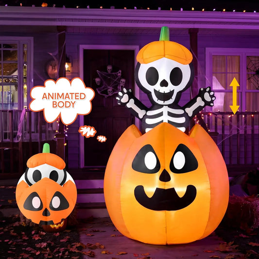 5FT Halloween Animated Inflatables Outdoor Decorations, Inflatable Skeleton On Pumpkin with LEDs, Cute Blow Up Pumpkin Skeleton Decor for Outside Yard Indoor Lawn Garden Party Decoration