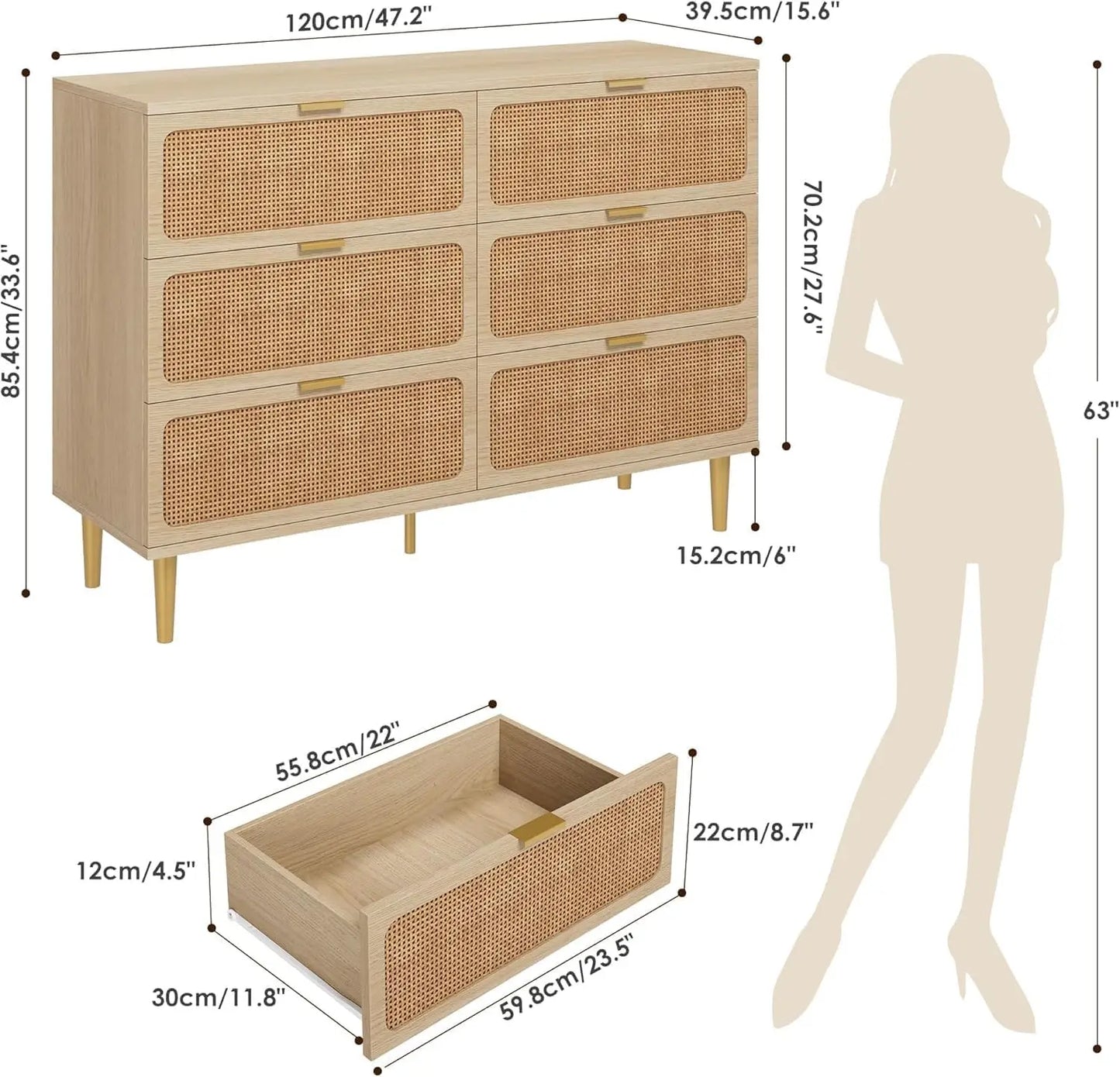 47.2in 6 Drawer Natural Rattan Dresser for Bedroom, Wooden Dresser with 15.6in Deep Storage & Wide Top, Large Modern Chest of Drawers for Living Room, Hallway and Kids Room Closet,