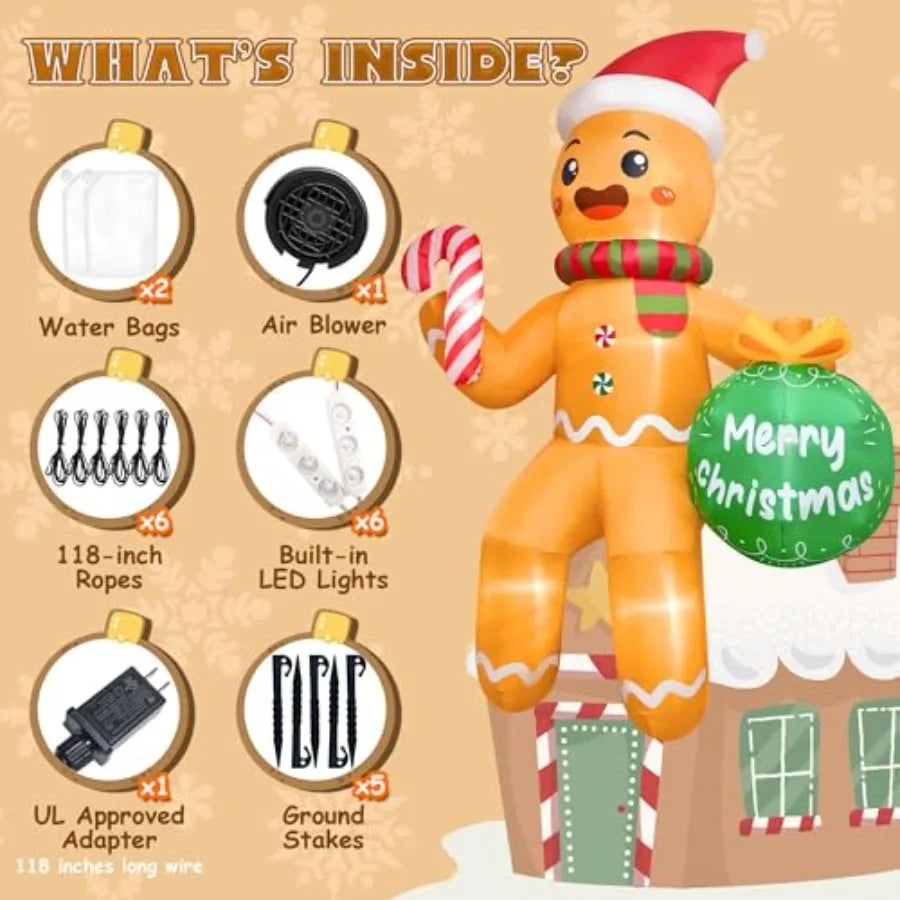Outdoor Christmas inflatable gingerbread man, 11 FT, PVC material, red and white, built-in LEDs for night visibility