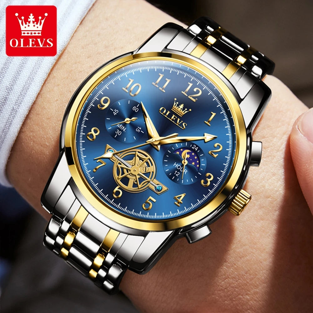OLEVS Moon Phase Men's Watch Stainless Steel Waterproof Skeleton Chronograph