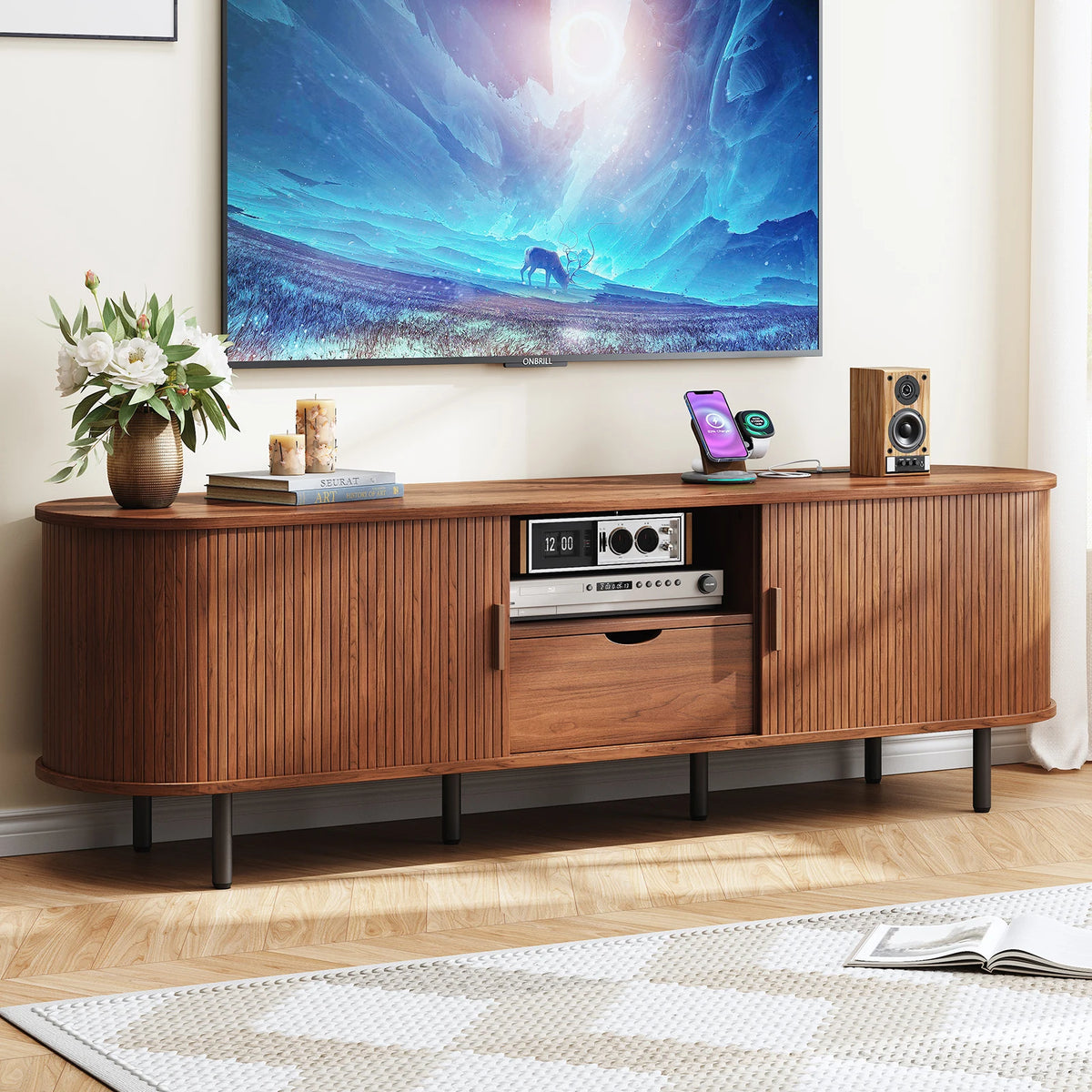 ONBRILL Modern TV Stand With Power Outlet Storage And Drawer