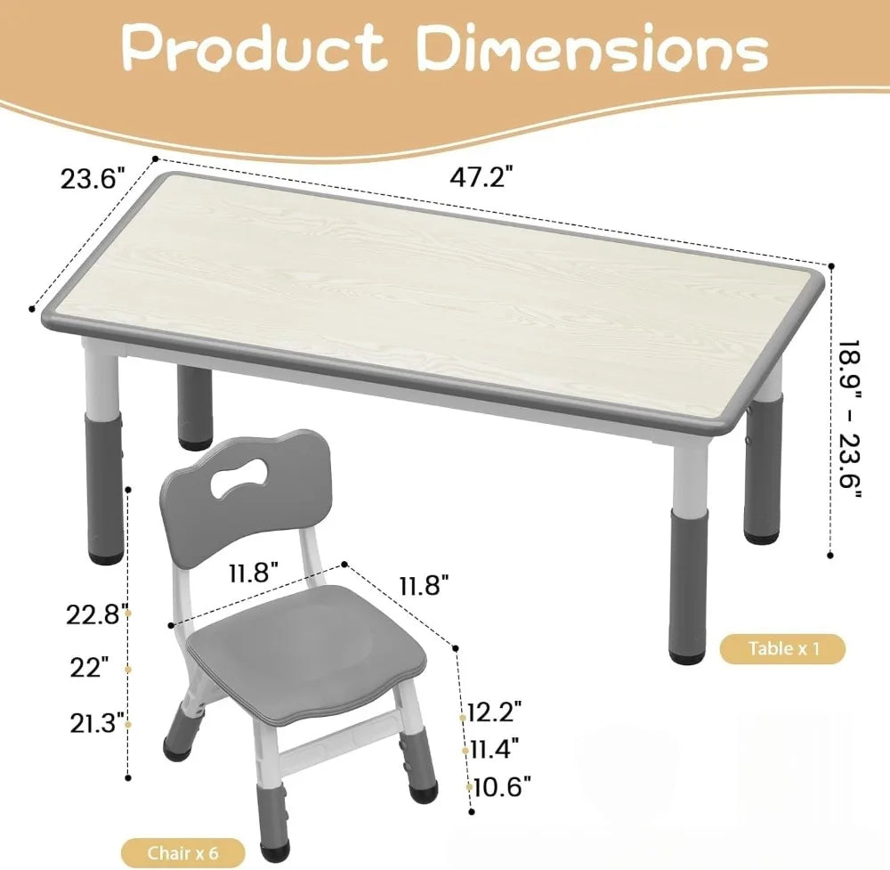 Kids Table 6 Chairs Set 47x24in Height Adjustable Activity Table Storage Boxes Wipe-Clean Gray