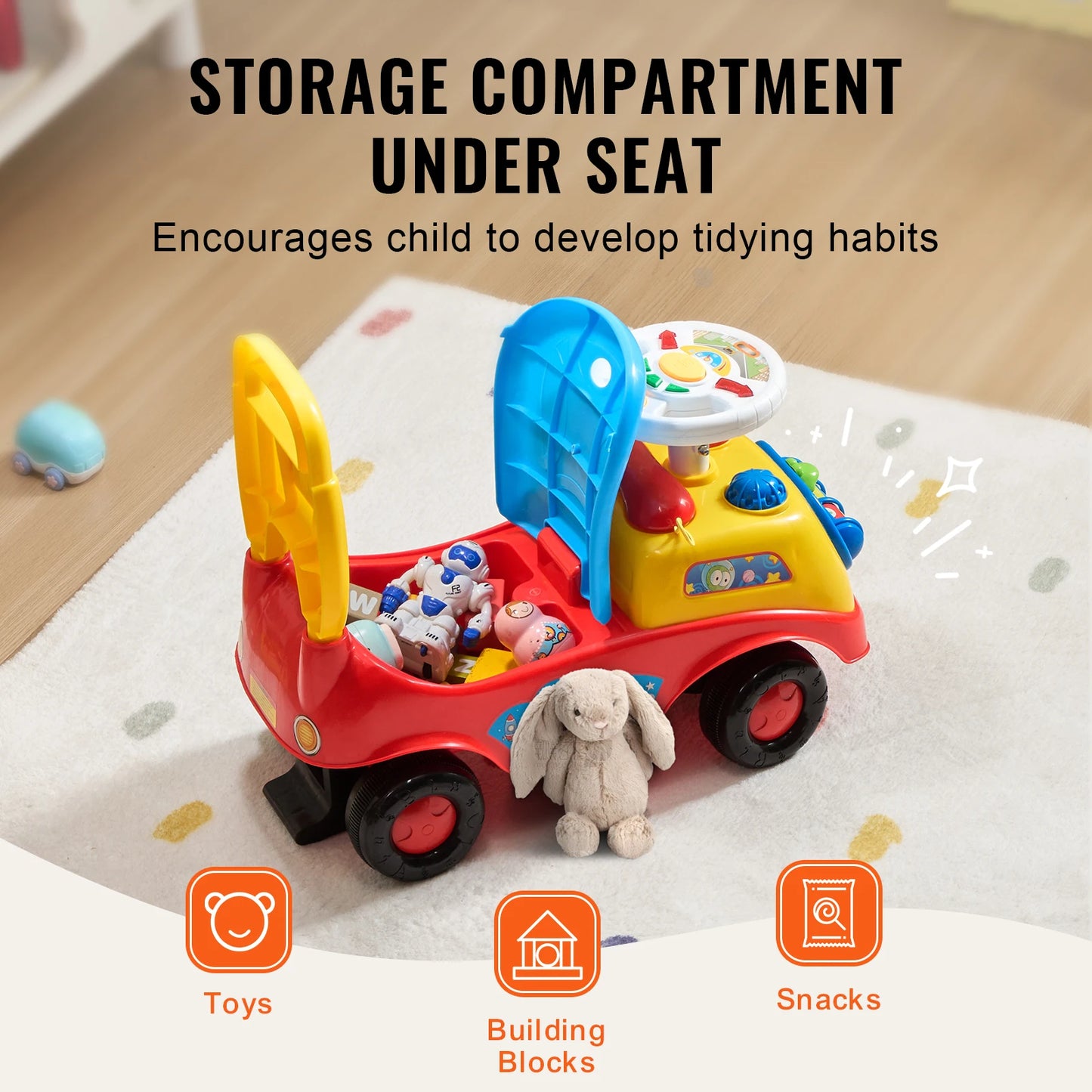 Toddler Push Ride On Car With Music Steering Wheel Storage