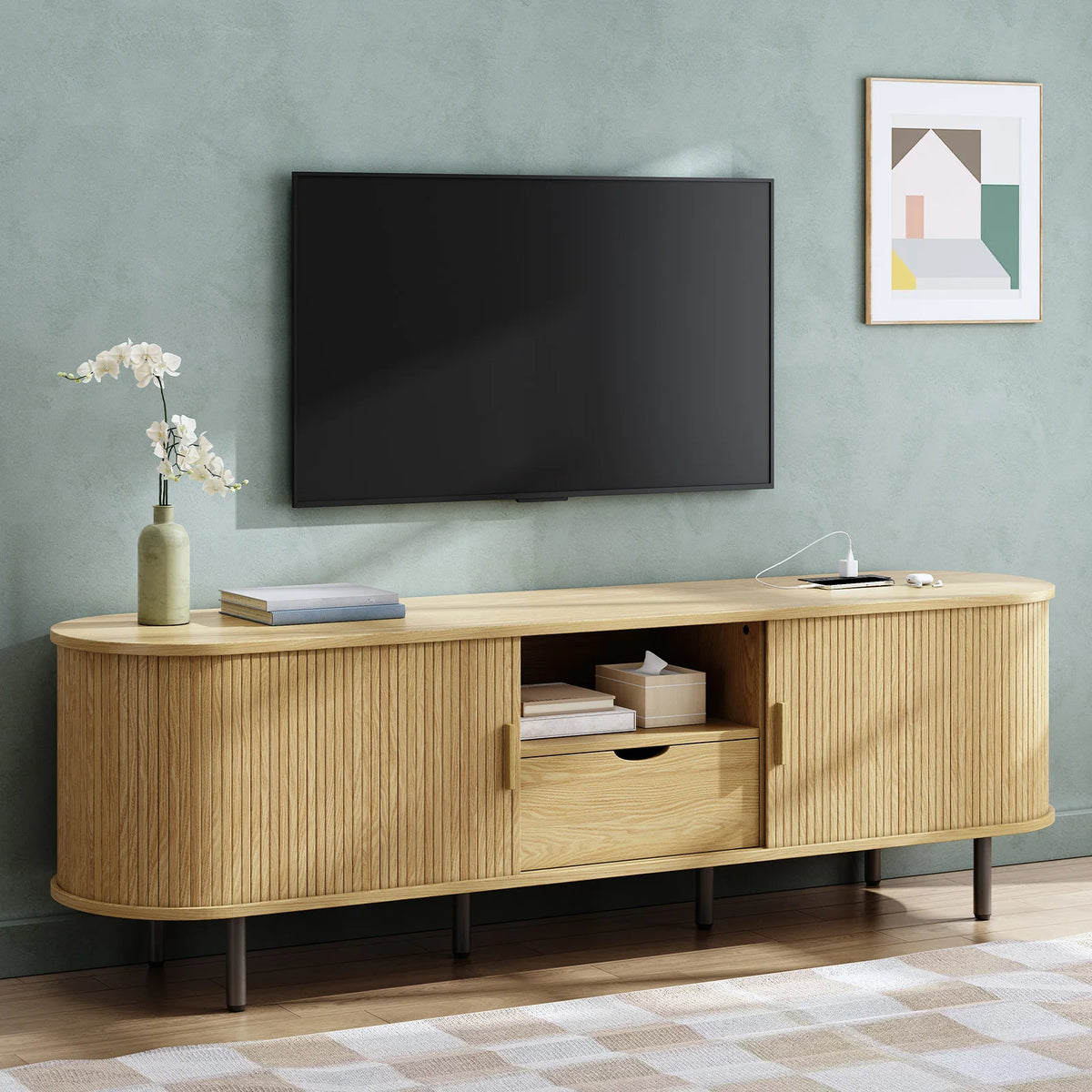 ONBRILL Modern TV Stand With Power Outlet Storage And Drawer
