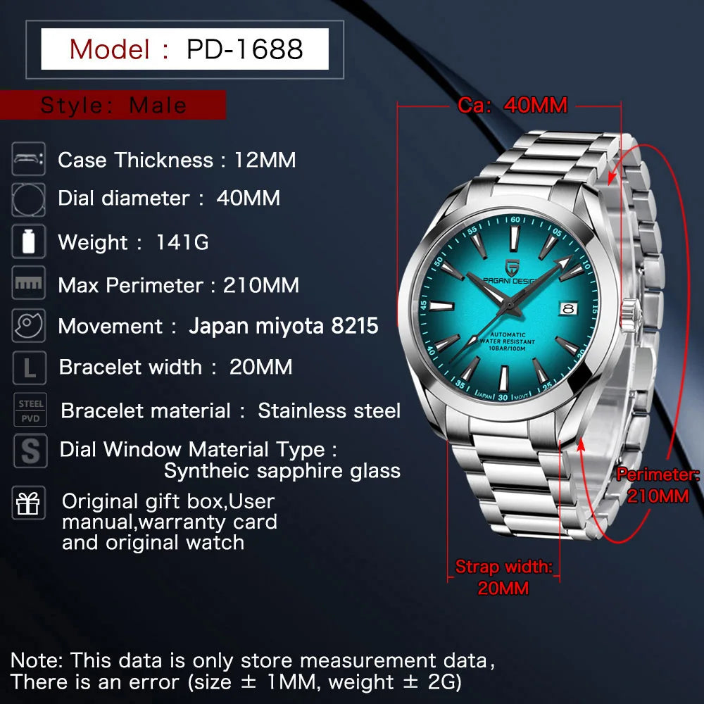 PAGANI DESIGN Automatic Mechanical A150 40mm Luxury Business SportsWatch Sapphire Glass Luminous Stainless Steel Watches for Man