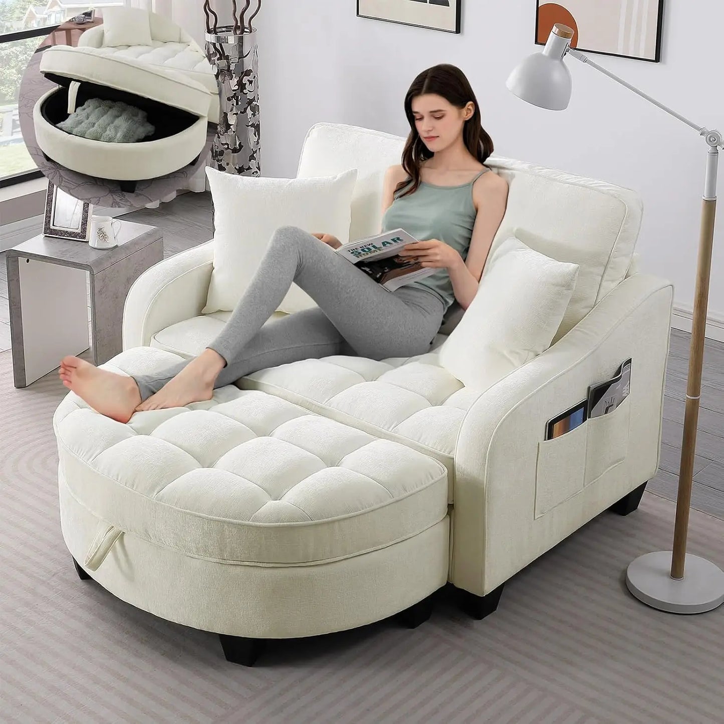 Oversized Curved Chaise Lounge Chair With Ottoman Chenille