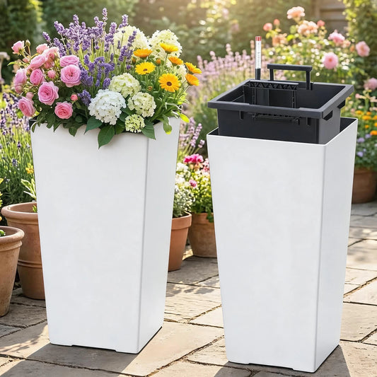 15.7"/22.5" Tall Planters Set Of 2, Self Watering Indoor Outdoor Front Porch Planter Pots With Drainage & Monitor Bucket