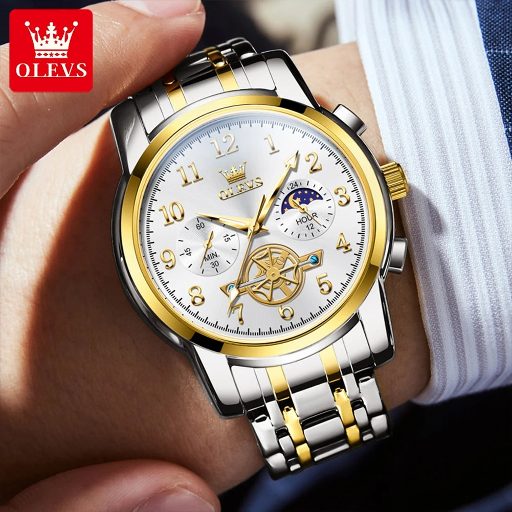 OLEVS Moon Phase Men's Watch Stainless Steel Waterproof Skeleton Chronograph