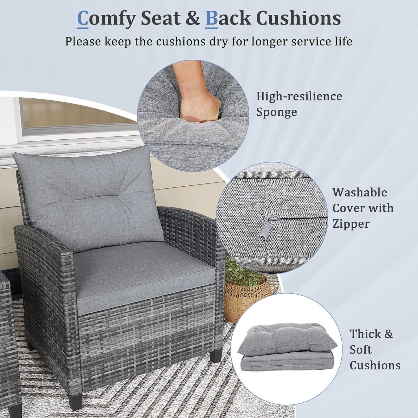 3 Piece Patio Furniture Set, Outdoor PE Rattan Conversation Set with Washable Cushions & Tempered Glass Tabletop,, Customized