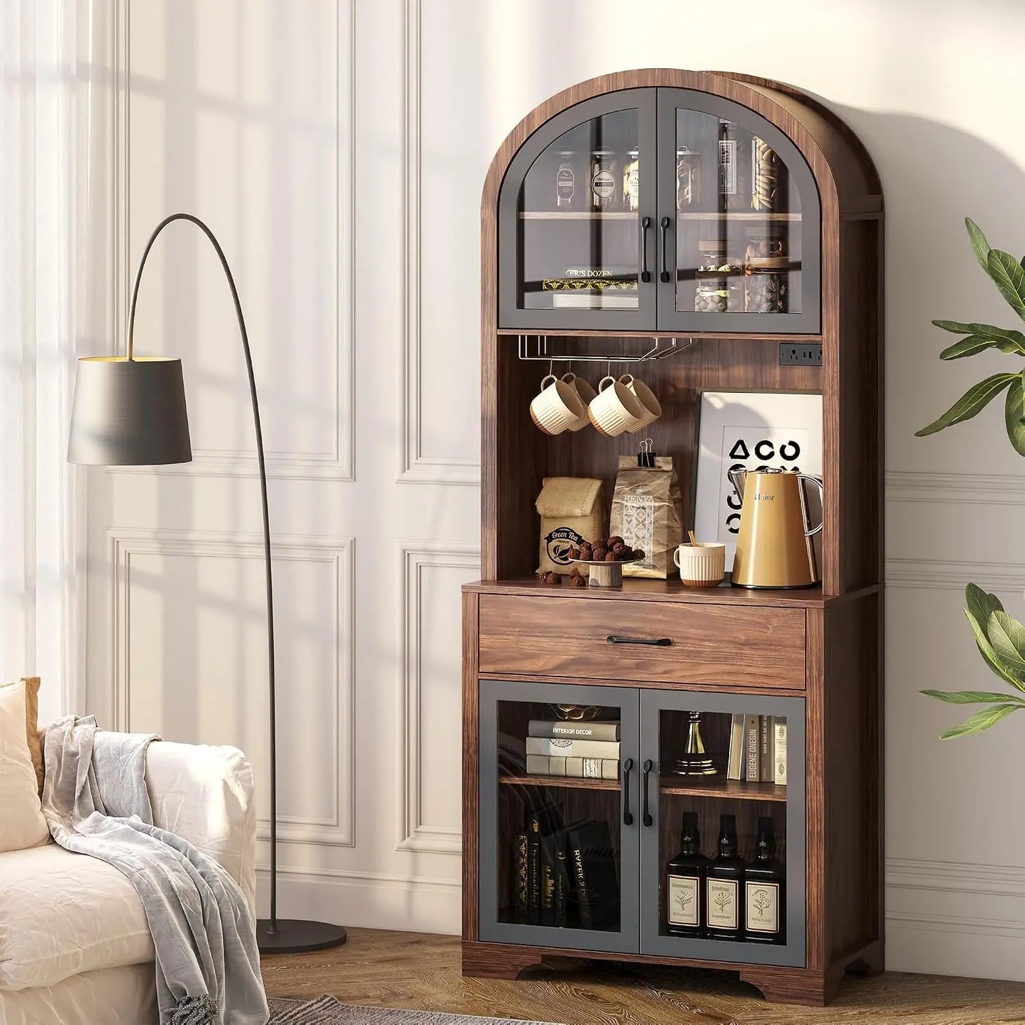 Xiuwo Arched Kitchen Pantry Cabinet With Charging Station Led Lighting