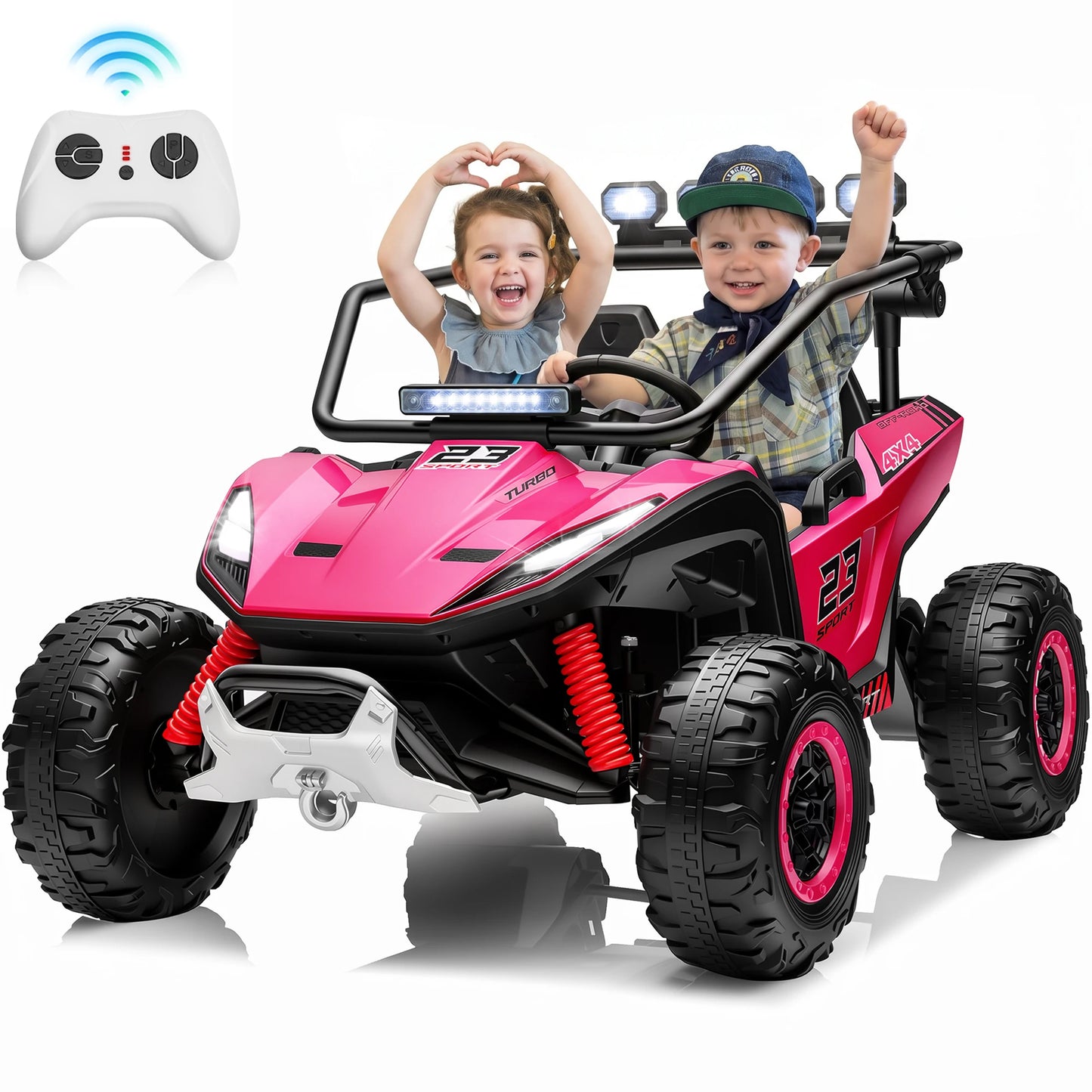 2 Seater 24V Kids Electric UTV Buggy 4WD Ride On Car with Remote Control Bluetooth LED Lights Slow Start Safety Harness Kids Off Road Electric Vehicle Toy Car Birthday Gift for Kids