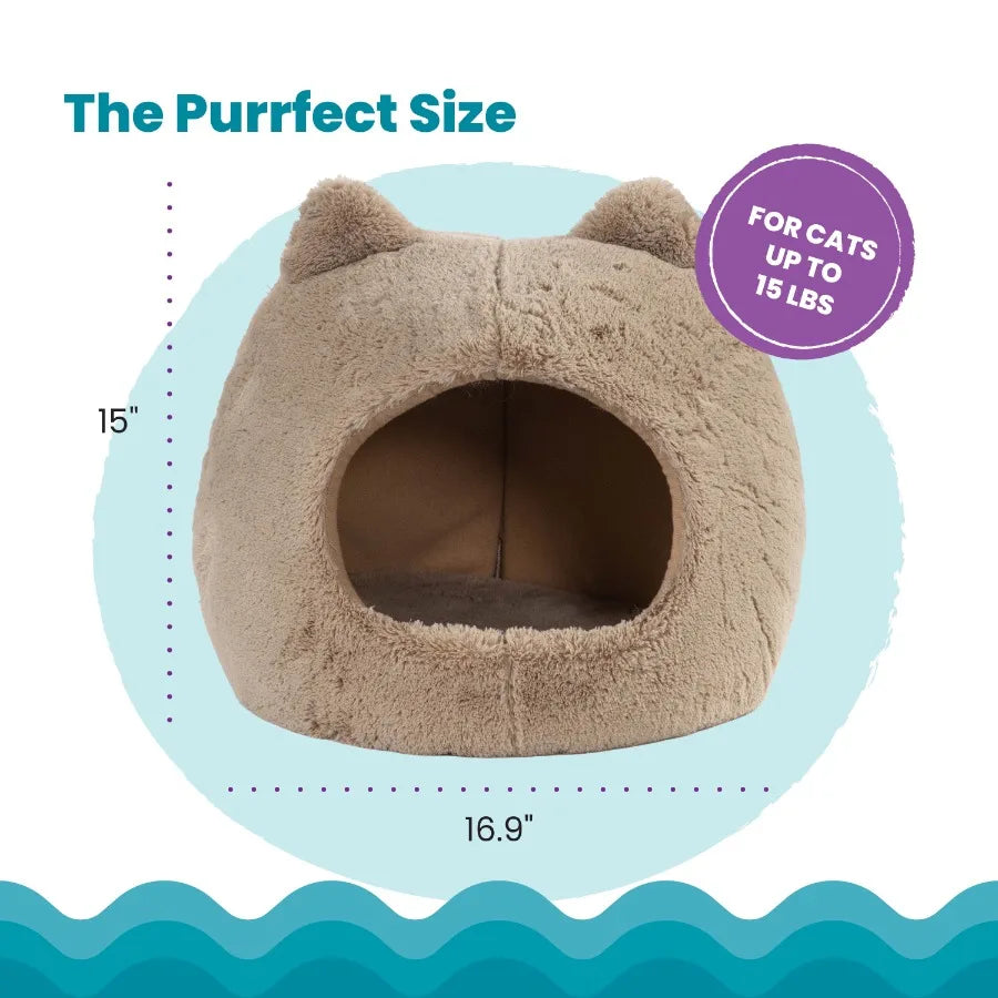 Meow Hut Covered Cat Bed Cave for Indoor Cats Cozy Enclosed with Removable Cushion 16 x 15 x 15 For Small Pets Up to 15 lbs Tan