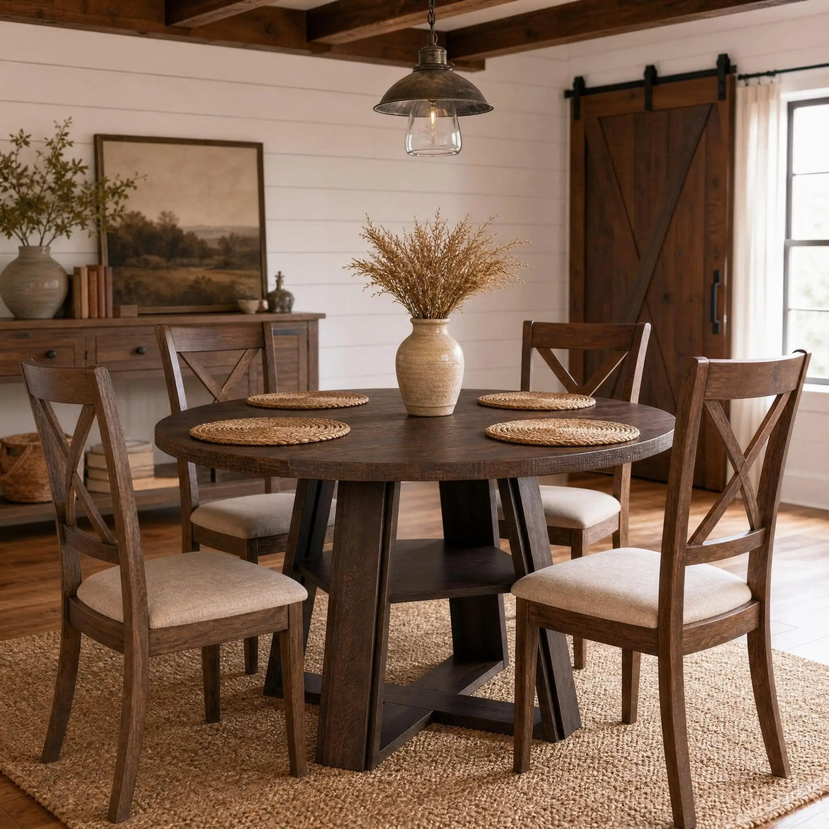 HiMISS Modern Farmhouse Pedestal Dining Table With Storage Shelf
