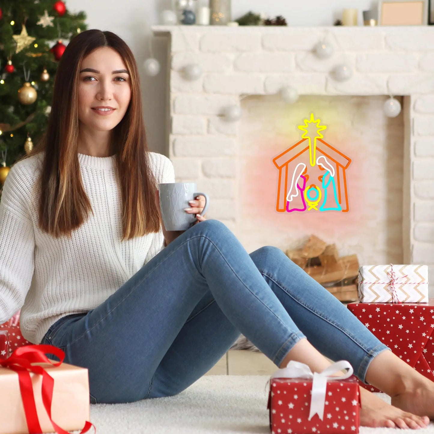 Nativity Neon Sign with Jesus LED Light Up for Christmas Wall Decor Birthday Party in Bedroom Backyard and Church Settings
