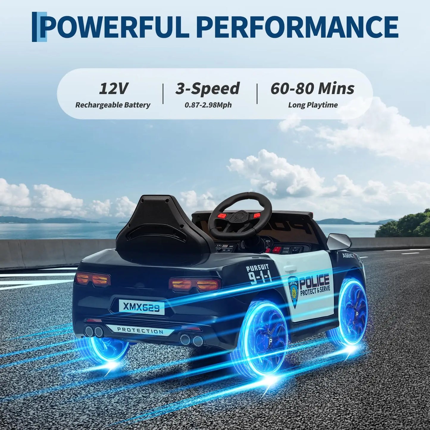 12V Kids Ride On Patrol Car With Parent Remote, Flashing LED Lights, Megaphone, Music, Spring Suspension, Electric Car Ages 3-8