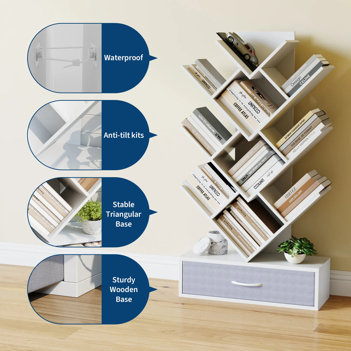 HiMISS Tree Bookshelf With LED Lights And Fabric Drawer Storage