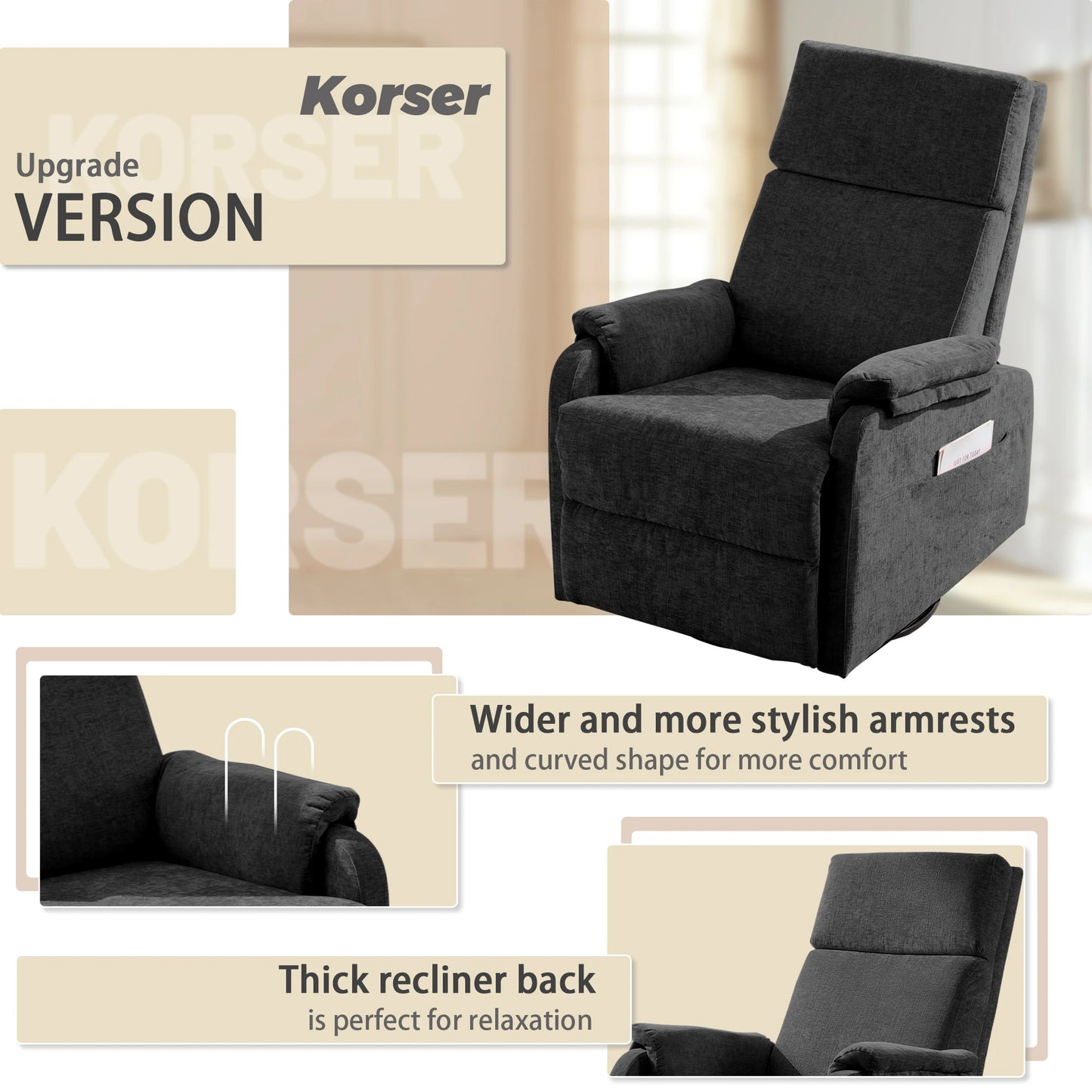 Korser Adult Ergonomic Manual Rocking Recliner Chair, Modern Minimal Fabric Adjustable Armchair with USB and Type-C Charging Ports