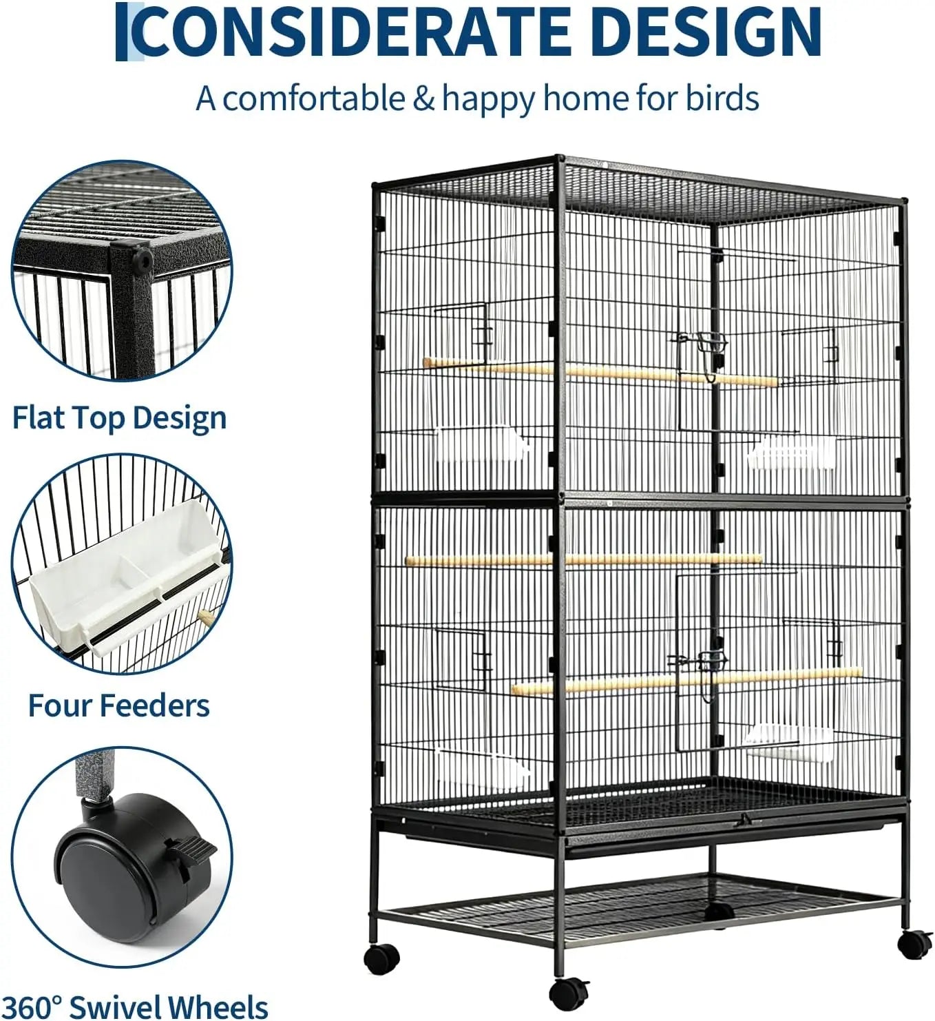 61" H Large Bird Cage with Rolling Storage Stands, Feed Bowls, Wide Tall Parakeet Cage for Parakeets, Parrot, Conures, Cockatiel