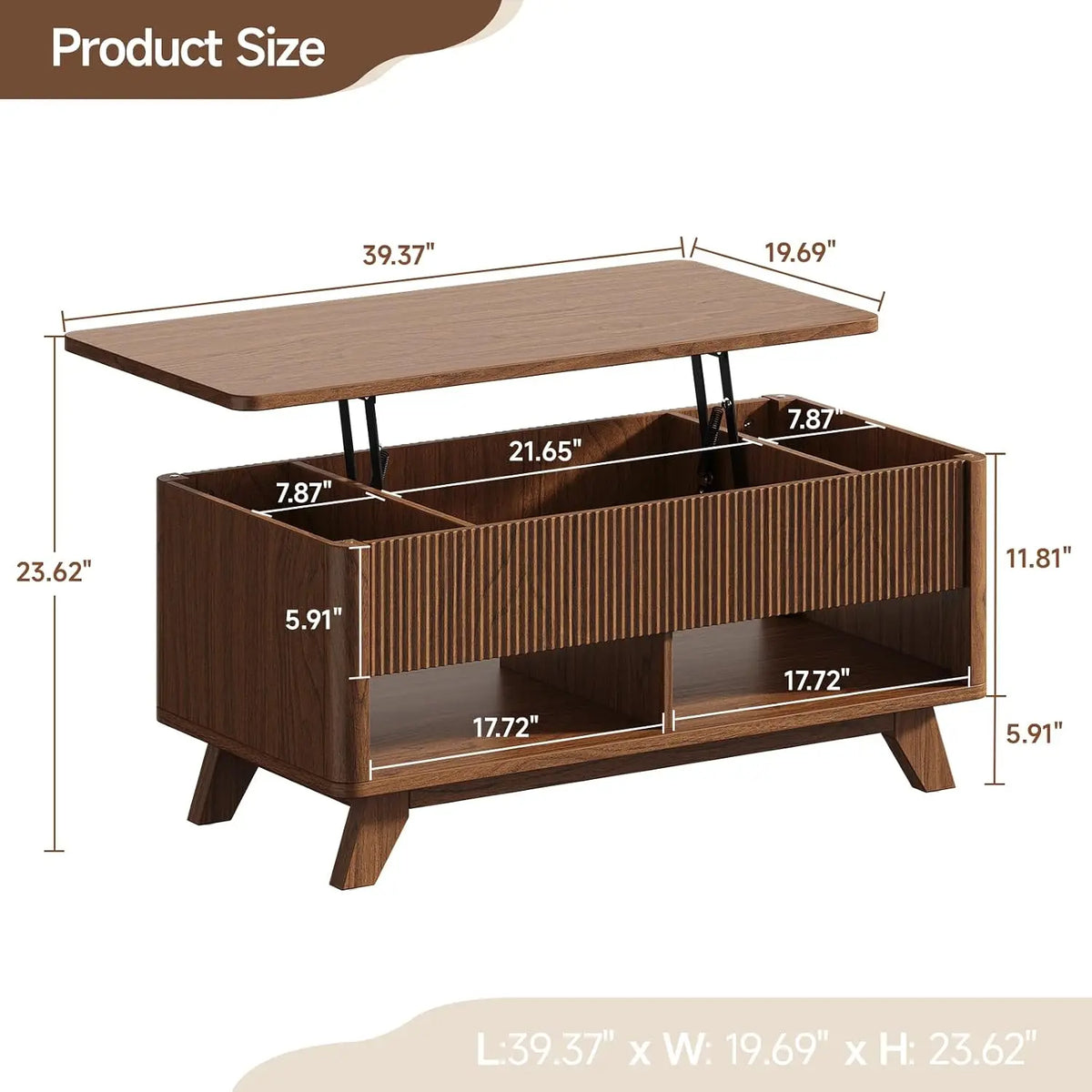 Farmhouse Lift Top Coffee Table with Hidden Storage & Fluted Rising Wood Center for Living Room & Office, Walnut, Customized