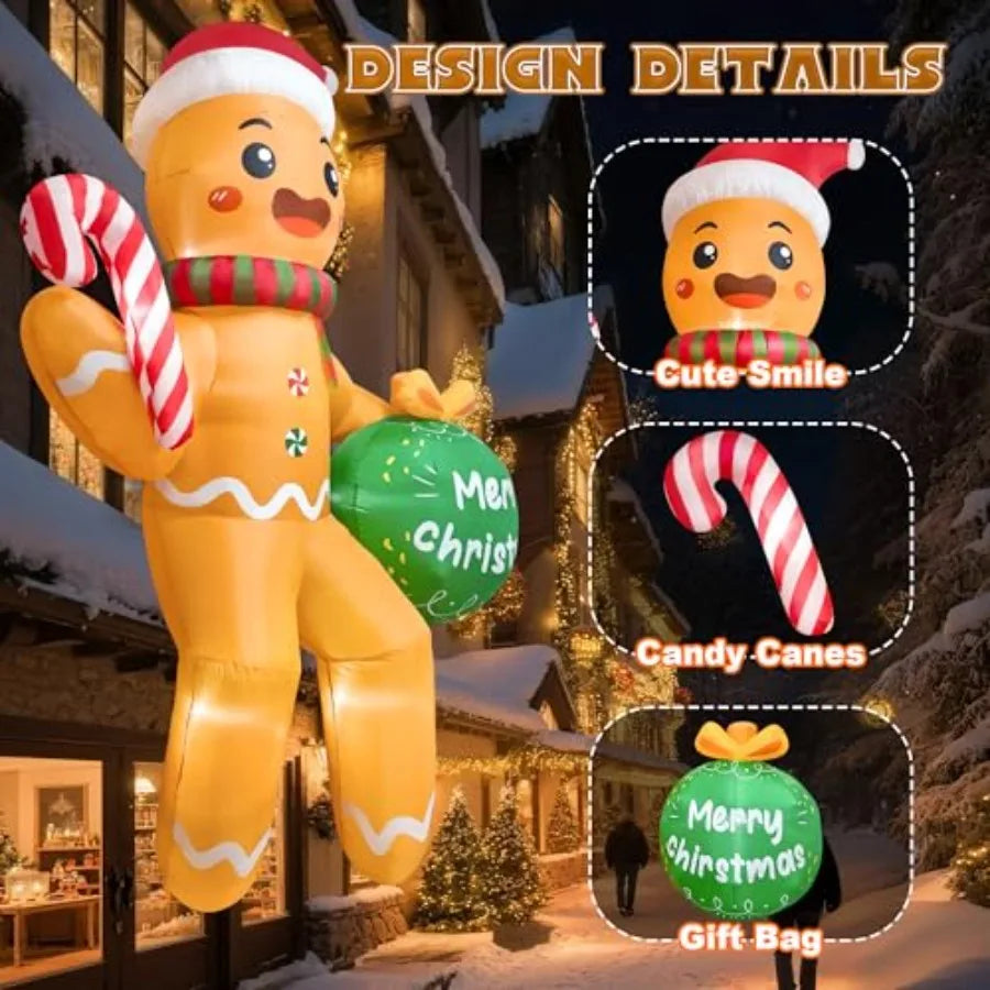 Outdoor Christmas inflatable gingerbread man, 11 FT, PVC material, red and white, built-in LEDs for night visibility