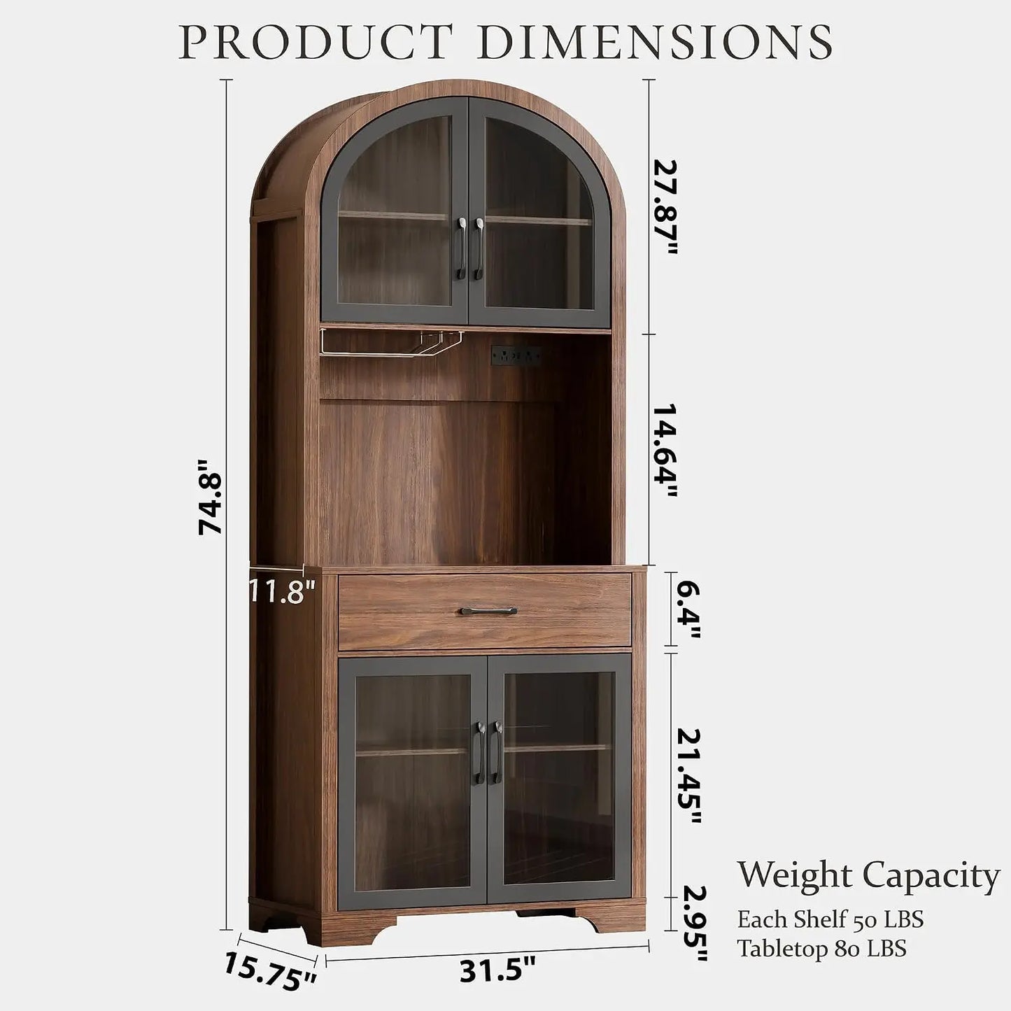 Xiuwo Arched Kitchen Pantry Cabinet With Charging Station Led Lighting