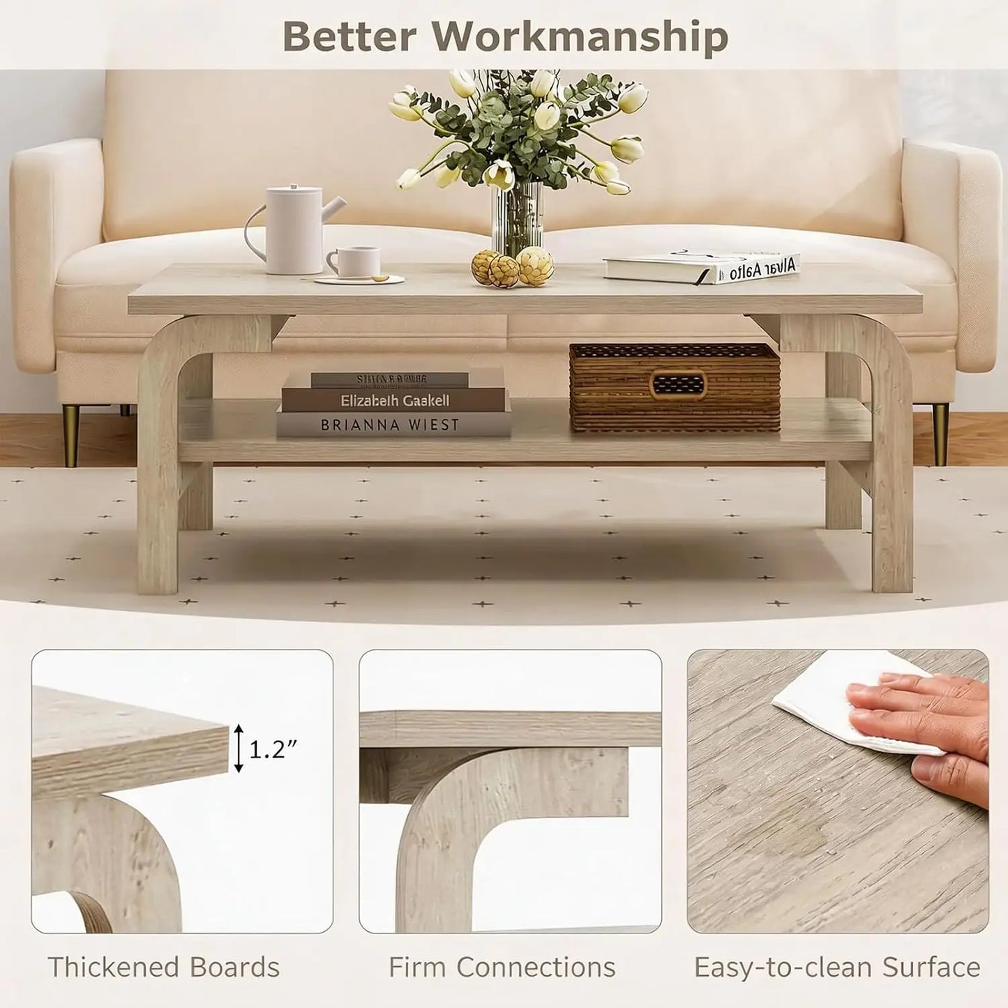 Rectangular Wooden Coffee Table 2-Tier Storage Shelf Mid-Century Vintage Living Room Apartment Natural, Customized