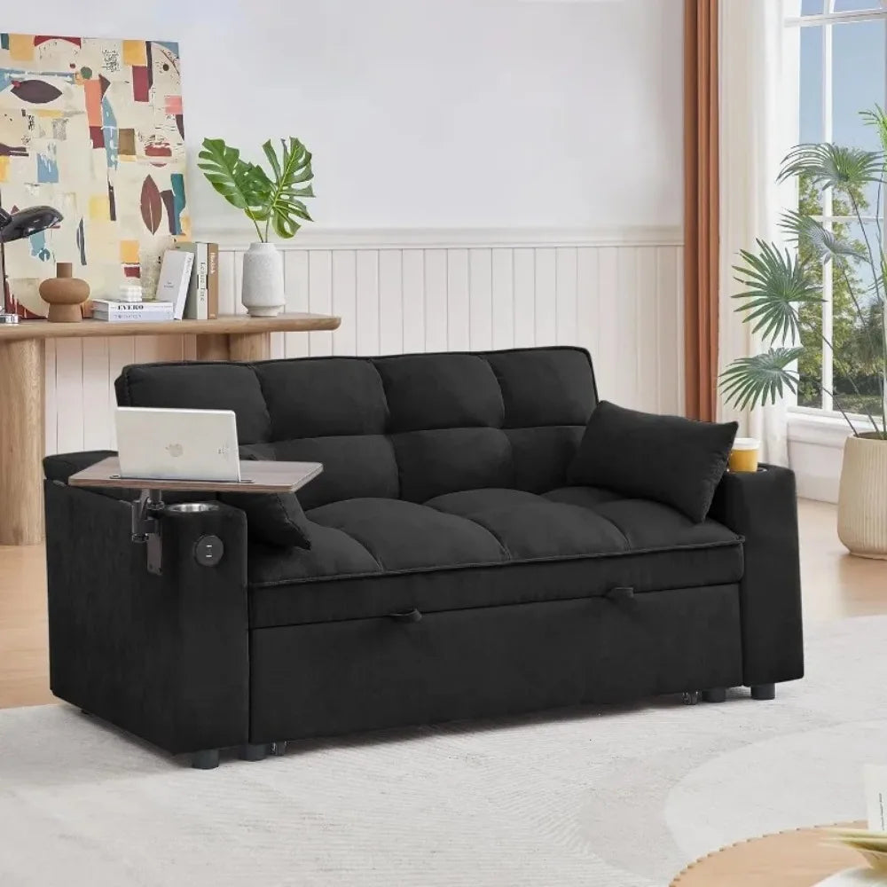 3-in-1 Folding Convertible Sofa Bed With Pullout And Swivel Table