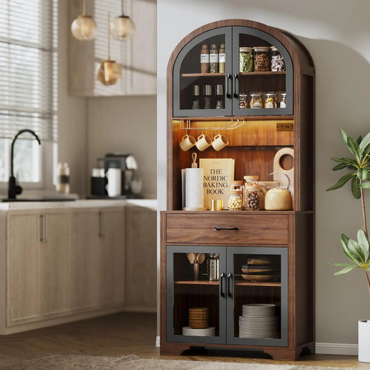 Xiuwo Arched Kitchen Pantry Cabinet With Charging Station Led Lighting