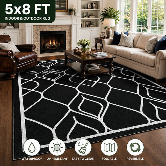 5x8 FT Indoor Outdoor Rug Waterproof Reversible Plastic Straw Patio Mat 340GSM PP Foldable Quick Dry UV Resistant Easy Clean Rug for Patio Deck RV Camping