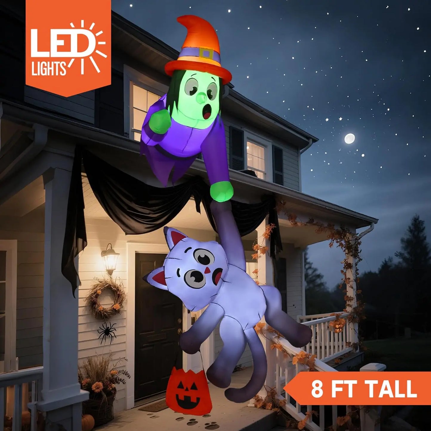 Joyfy Halloween Witch And Black Cat Inflatable Roof Decoration