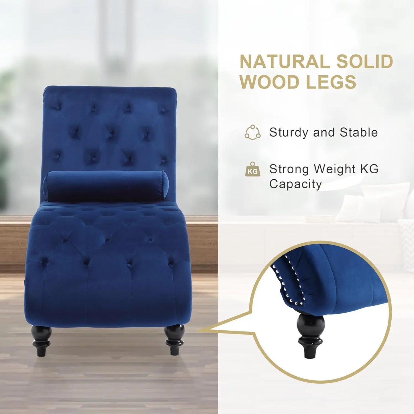 Velvet Tufted Chaise Lounge Chair With Pillow For Bedroom