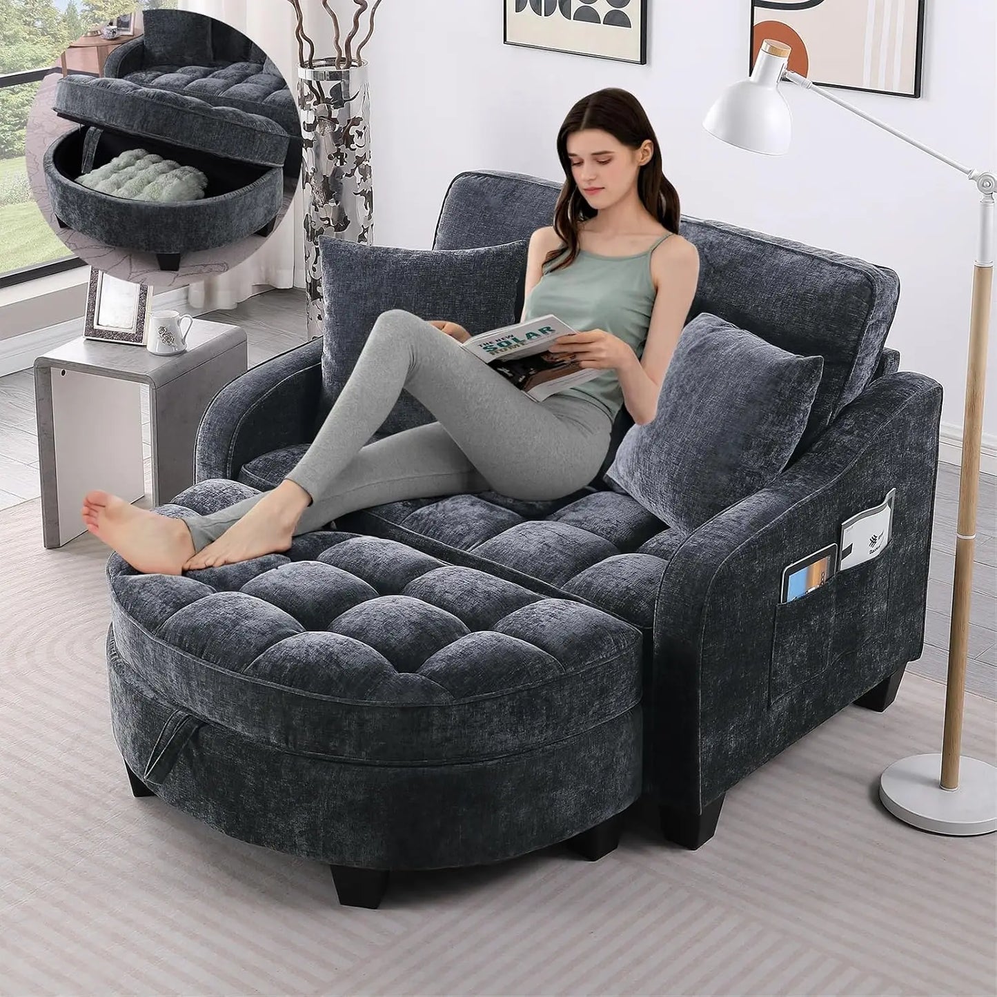 Oversized Curved Chaise Lounge Chair With Ottoman Chenille
