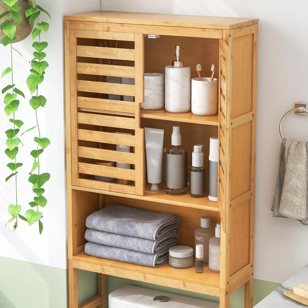 freestanding tall natural bamboo over-the-toilet storage cabinet with 2 doors and open shelf