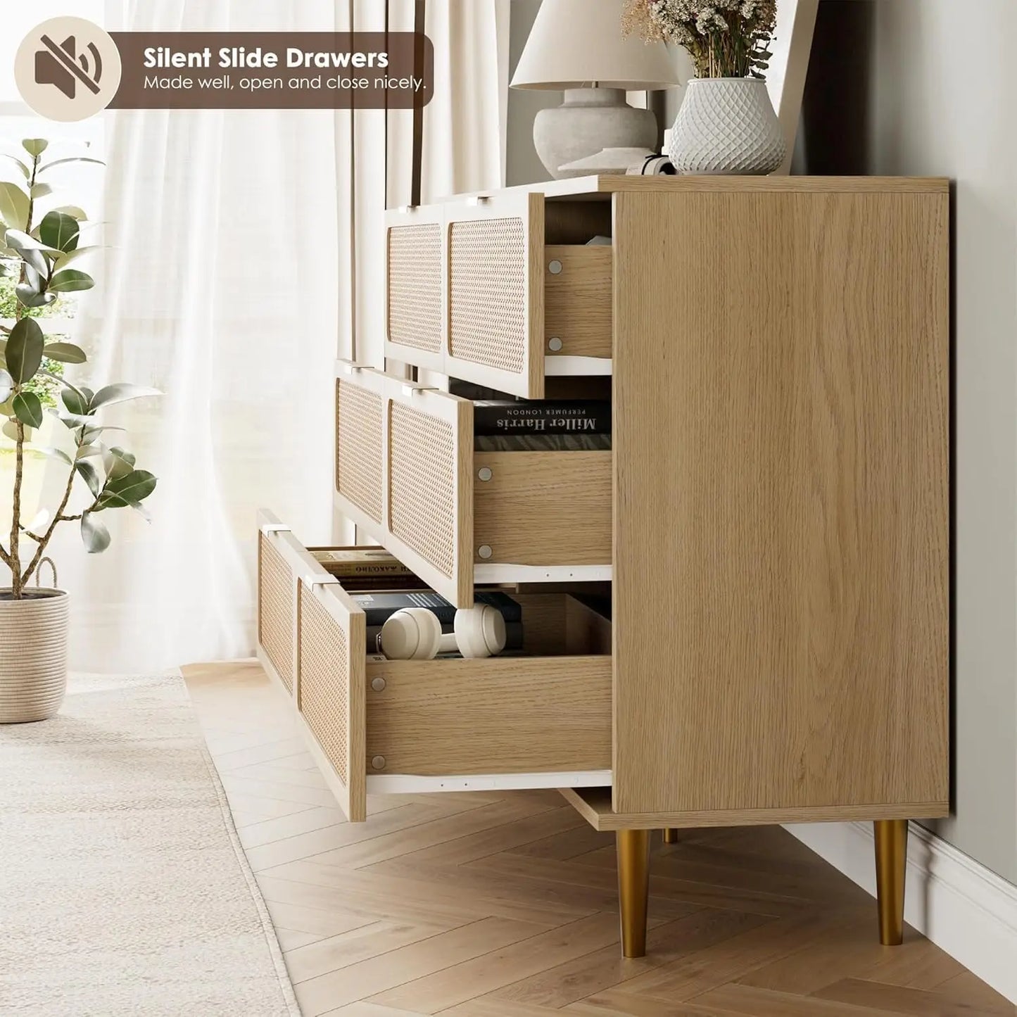 47.2in 6 Drawer Natural Rattan Dresser for Bedroom, Wooden Dresser with 15.6in Deep Storage & Wide Top, Large Modern Chest of Drawers for Living Room, Hallway and Kids Room Closet,