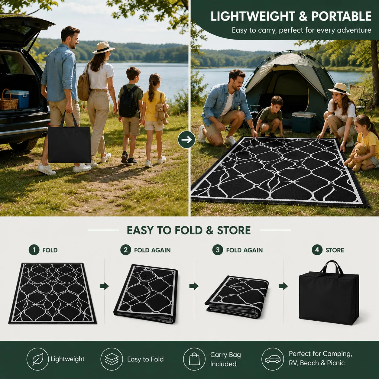 5x8 FT Indoor Outdoor Rug Waterproof Reversible Plastic Straw Patio Mat 340GSM PP Foldable Quick Dry UV Resistant Easy Clean Rug for Patio Deck RV Camping