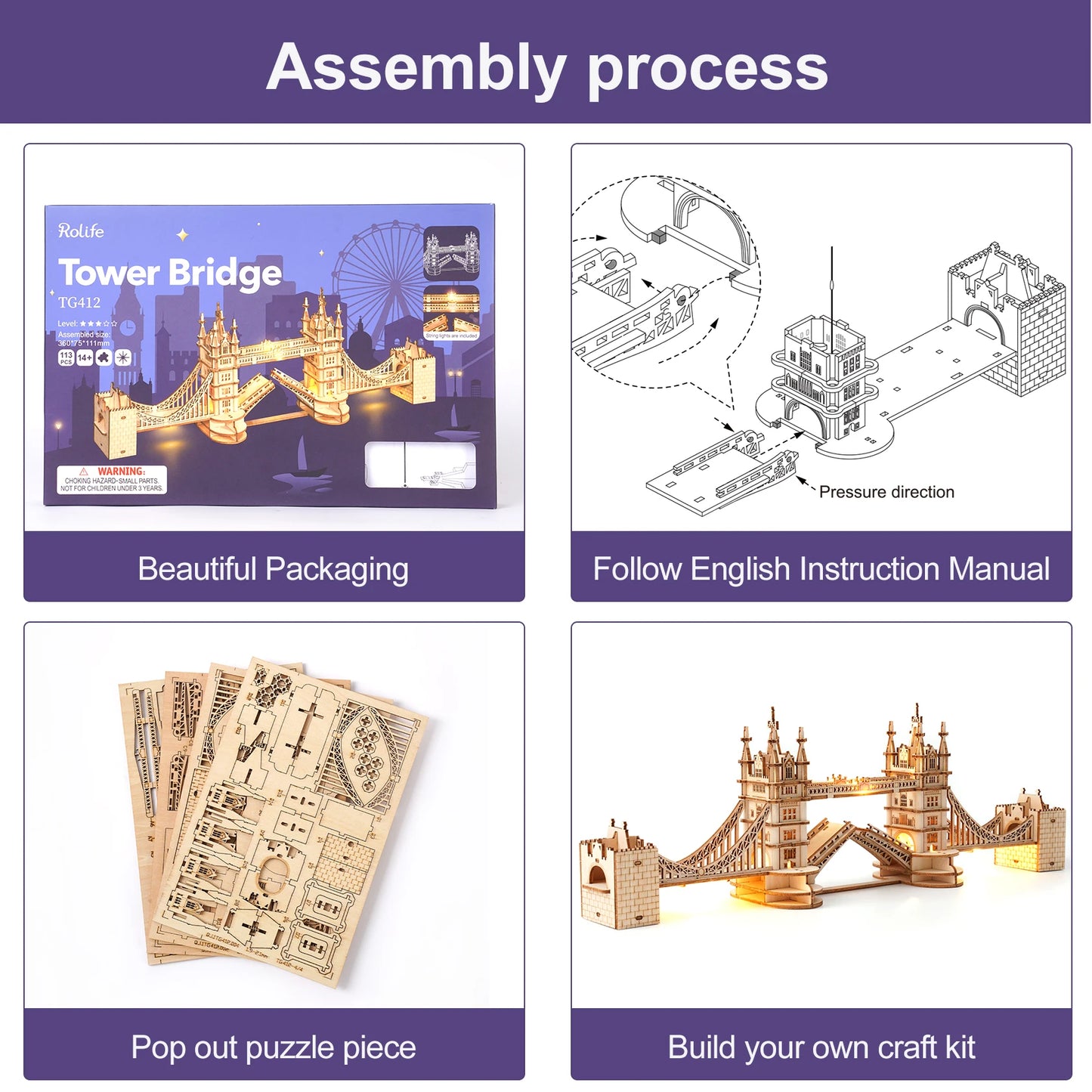 Rolife Wooden 3D Tower Bridge Model Building Kit With Led Light
