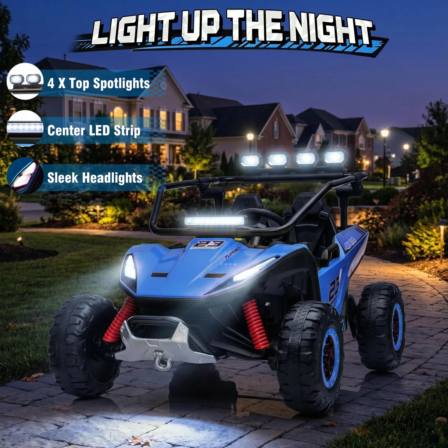 2 Seater 24V Kids Electric UTV Buggy 4WD Ride On Car with Remote Control Bluetooth LED Lights Slow Start Safety Harness Kids Off Road Electric Vehicle Toy Car Birthday Gift for Kids