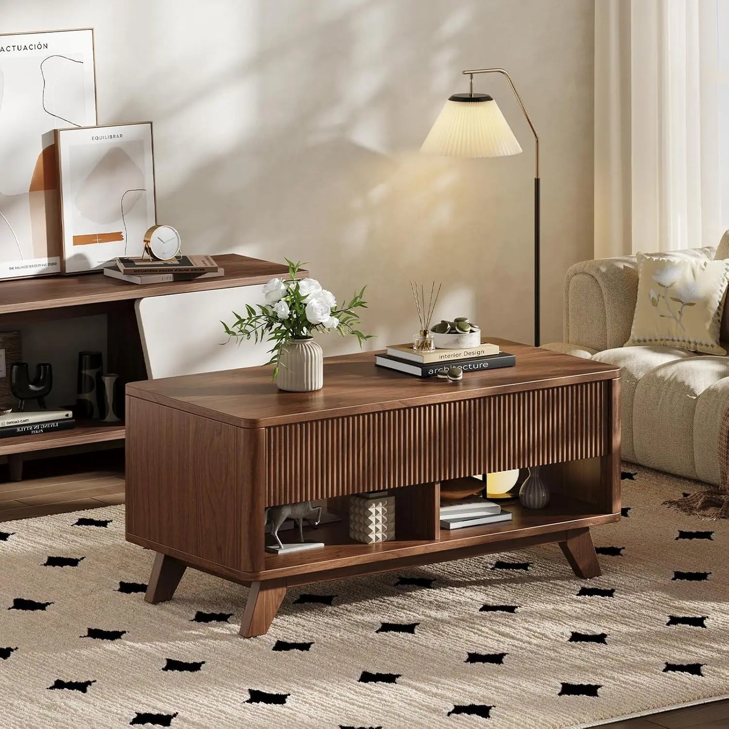 Farmhouse Lift Top Coffee Table with Hidden Storage & Fluted Rising Wood Center for Living Room & Office, Walnut, Customized