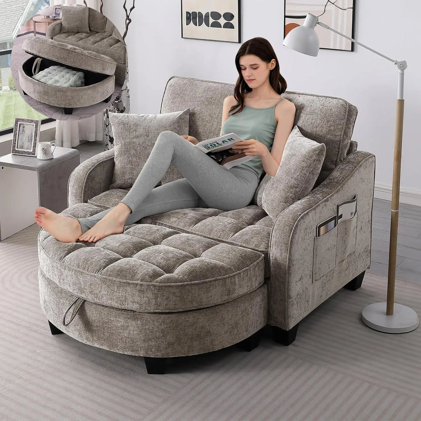 Oversized Curved Chaise Lounge Chair With Ottoman Chenille