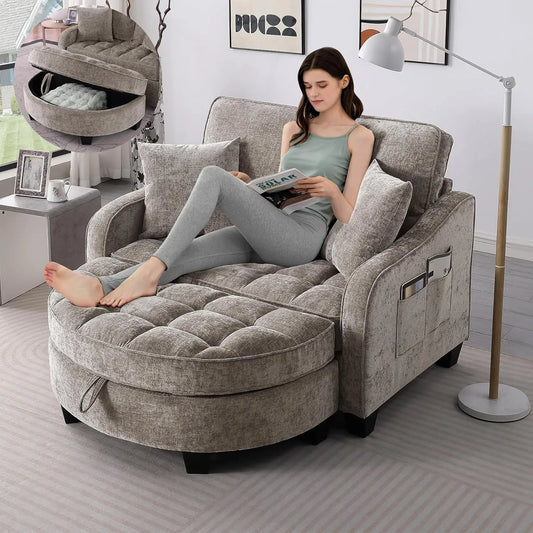 Oversized Curved Chaise Lounge Chair With Ottoman Chenille