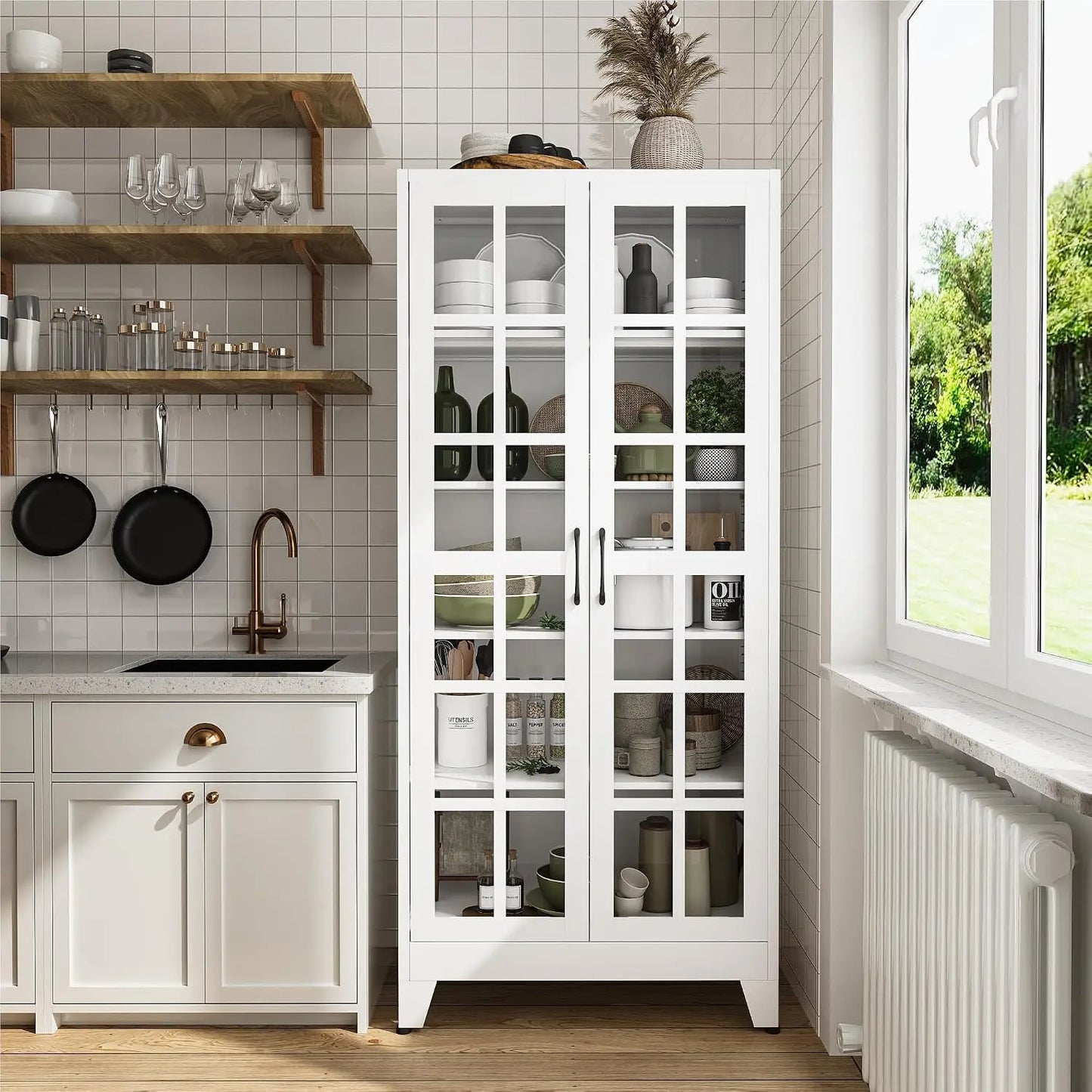 71" White Glass Door Display Cabinet for Kitchen and Dining Room, Customized