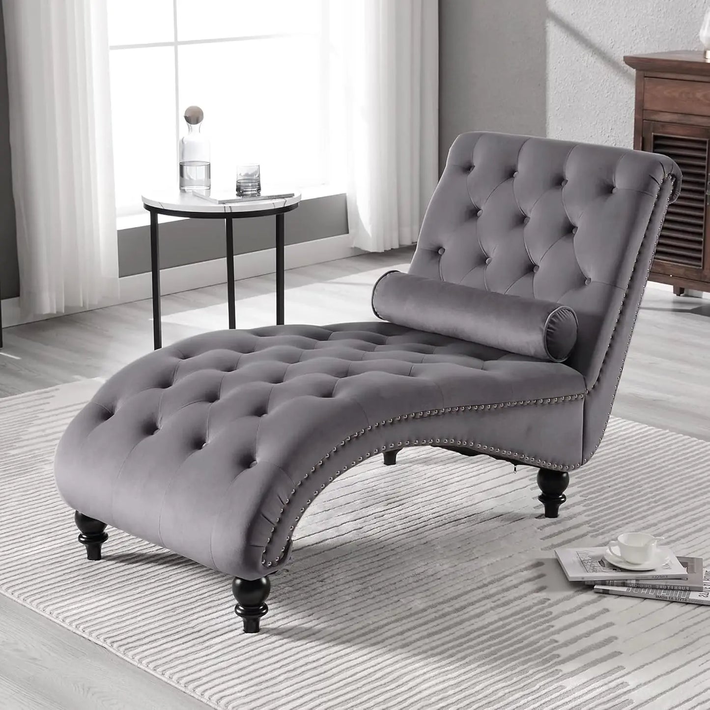 Velvet Tufted Chaise Lounge Chair With Pillow For Bedroom