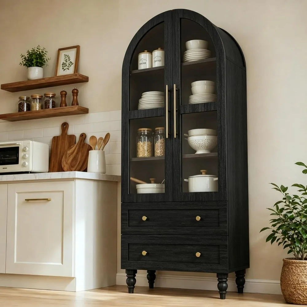 Solid Wood Pantry Cabinet With Glass Doors Tall Kitchen Storage