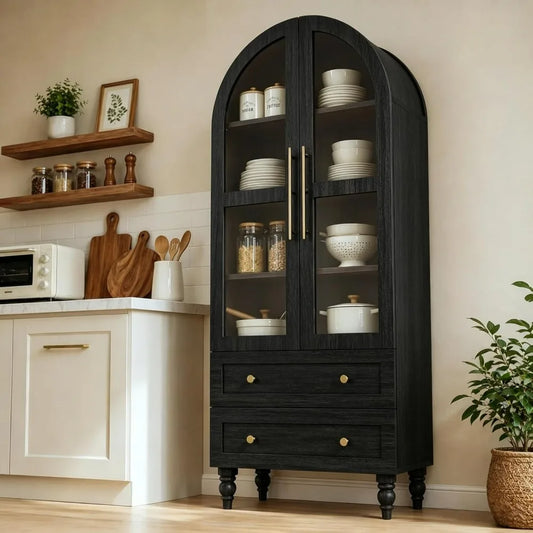 Solid Wood Pantry Cabinet With Glass Doors Tall Kitchen Storage