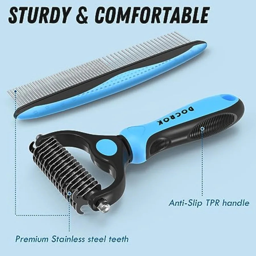 Pet Grooming Combo - Deshedding Brush with Metal Comb for Detangling and Dematting Long, Matted Fur on Cats and Dogs