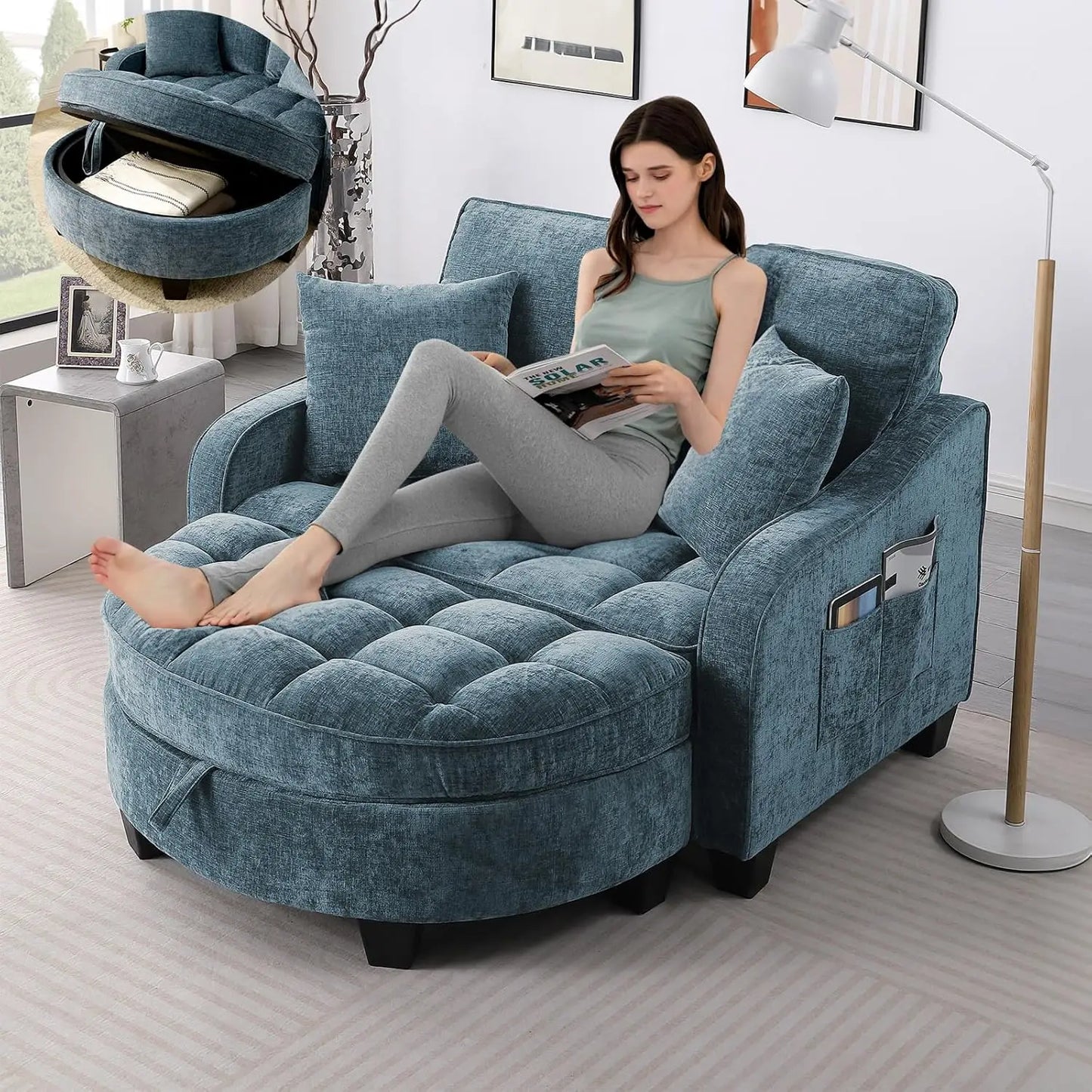 Oversized Curved Chaise Lounge Chair With Ottoman Chenille