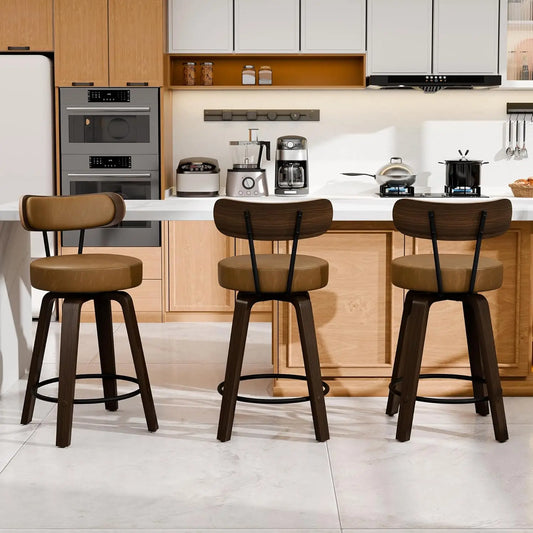 Bar Stools Set of 3, Brown Leather 26'' Swivel Counter Height Bar Stools, Modern Bar Stools with Back & Wood Legs,, Customized